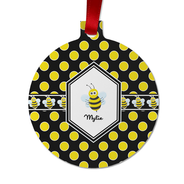 Custom Bee & Polka Dots Metal Ball Ornament - Double Sided w/ Name or Text