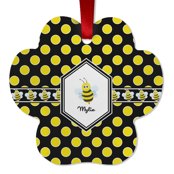 Custom Bee & Polka Dots Metal Paw Ornament - Double Sided w/ Name or Text