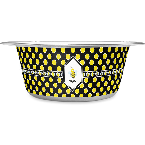 Custom Bee & Polka Dots Stainless Steel Dog Bowl - Large (Personalized)