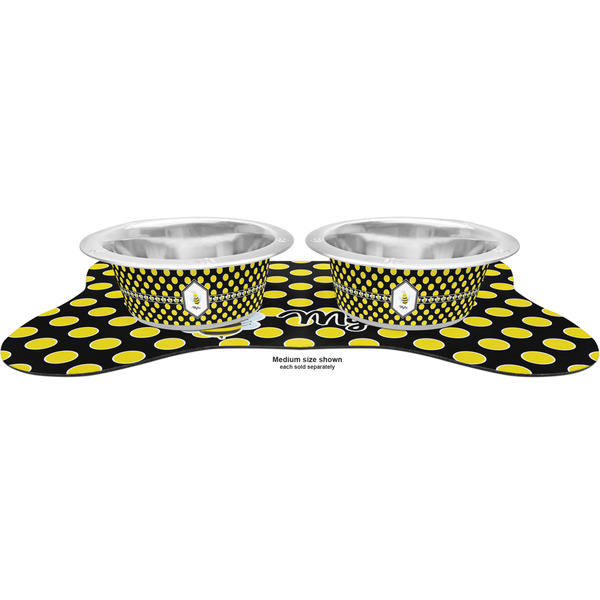 Bee & Polka Dots Metal Pet Bowls - On Dog Bone Shaped Mat