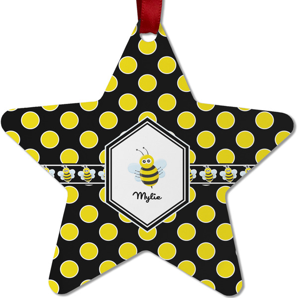 Custom Bee & Polka Dots Metal Star Ornament - Double Sided w/ Name or Text