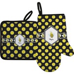 Bee & Polka Dots Oven Mitt & Pot Holder Set w/ Name or Text