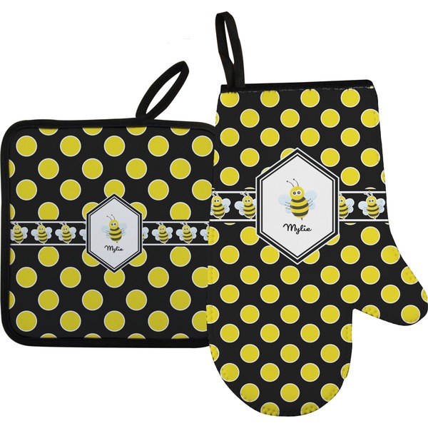 Custom Bee & Polka Dots Oven Mitt & Pot Holder Set w/ Name or Text