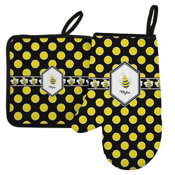 Bee & Polka Dots Left Oven Mitt & Pot Holder Set w/ Name or Text