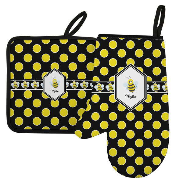 Custom Bee & Polka Dots Left Oven Mitt & Pot Holder Set w/ Name or Text