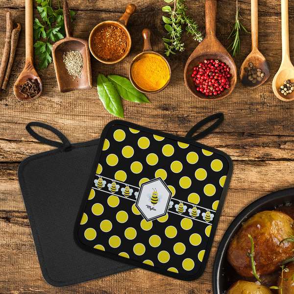 Bee & Polka Dots Neoprene Pot Holder - Set of 2  LIFESTYLE (Flatlay)