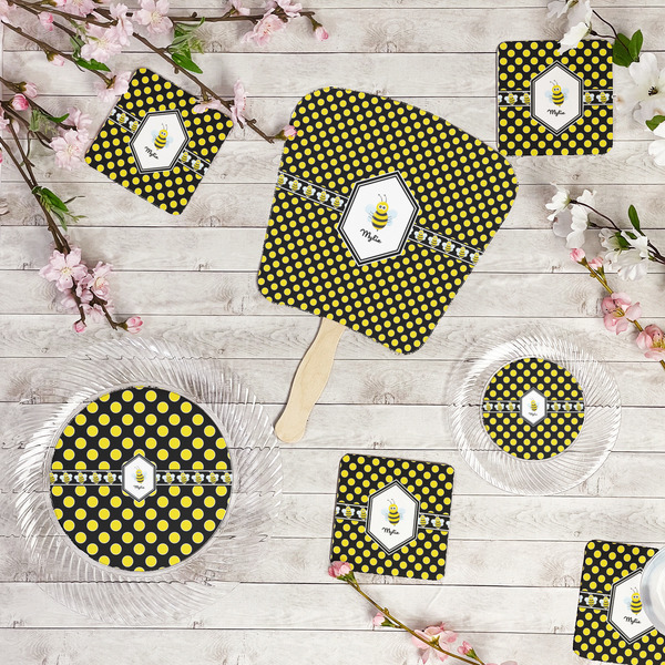 Bee & Polka Dots Party Supplies Combination Image - All items - Plates, Coasters, Fans