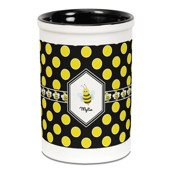 Custom Bee & Polka Dots Ceramic Pencil Holders - Black