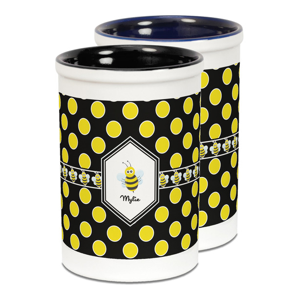 Custom Bee & Polka Dots Ceramic Pencil Holder - Large