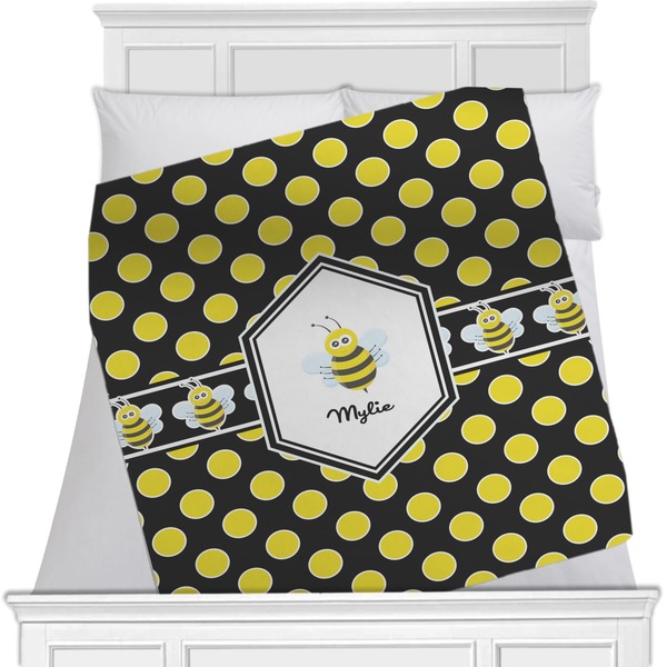 Custom Bee & Polka Dots Minky Blanket - Twin / Full - 80"x60" - Single Sided (Personalized)