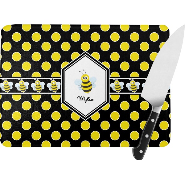 Custom Bee & Polka Dots Rectangular Glass Cutting Board (Personalized)