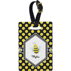 Bee & Polka Dots Plastic Luggage Tag - Rectangular w/ Name or Text