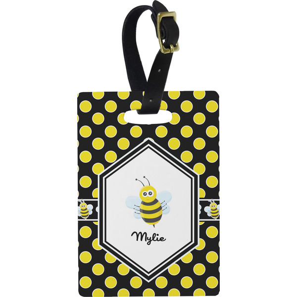 Custom Bee & Polka Dots Plastic Luggage Tag - Rectangular w/ Name or Text