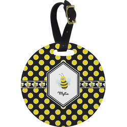 Bee & Polka Dots Plastic Luggage Tag - Round (Personalized)