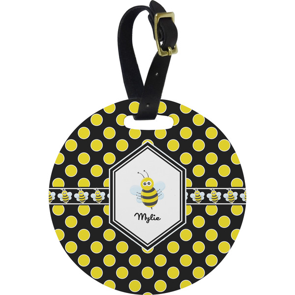 Custom Bee & Polka Dots Plastic Luggage Tag - Round (Personalized)