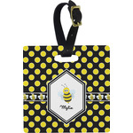 Bee & Polka Dots Plastic Luggage Tag - Square w/ Name or Text