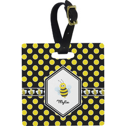 Bee & Polka Dots Plastic Luggage Tag - Square w/ Name or Text