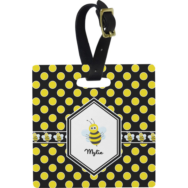 Custom Bee & Polka Dots Plastic Luggage Tag - Square w/ Name or Text