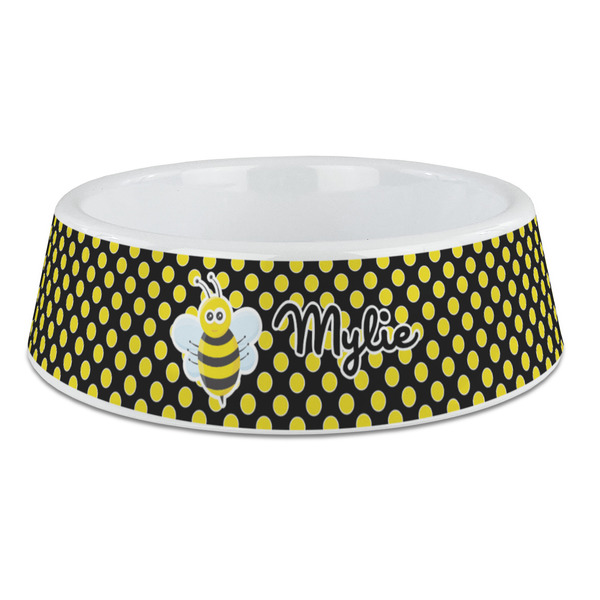 Custom Bee & Polka Dots Plastic Dog Bowl - Large (Personalized)