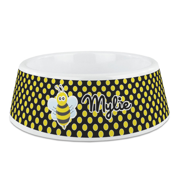 Custom Bee & Polka Dots Plastic Dog Bowl - Medium (Personalized)