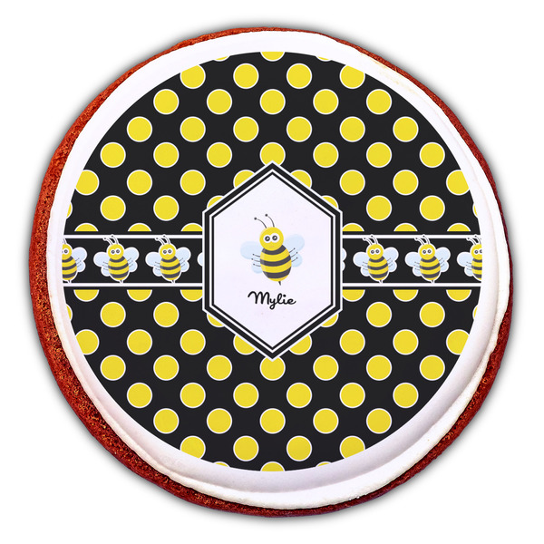 Bee & Polka Dots Printed Icing Circle - Large - On Cookie