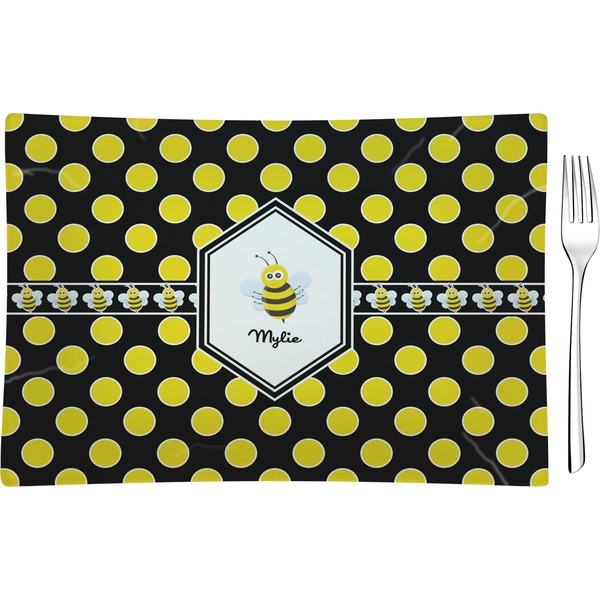 Custom Bee & Polka Dots Rectangular Glass Appetizer / Dessert Plate - Single or Set (Personalized)