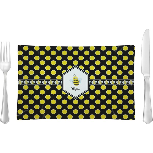 Custom Bee & Polka Dots Rectangular Glass Lunch / Dinner Plate - Single or Set (Personalized)