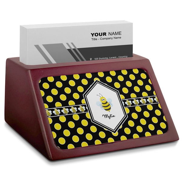 Custom Bee & Polka Dots Red Mahogany Business Card Holder (Personalized)