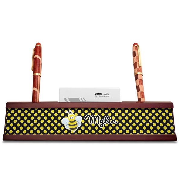 Bee & Polka Dots Red Mahogany Nameplates with Business Card Holder - Straight