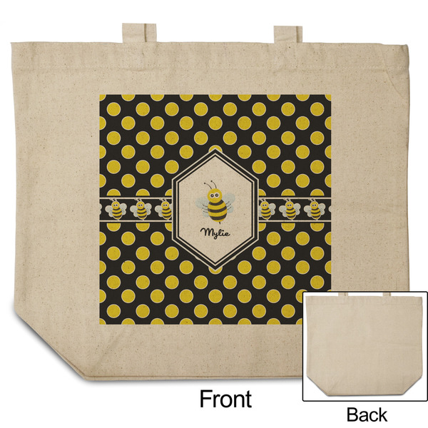 Bee & Polka Dots Reusable Cotton Grocery Bag - Front & Back View