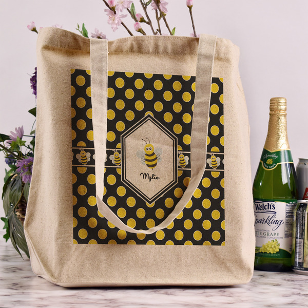 Bee & Polka Dots Reusable Cotton Grocery Bag - In Context