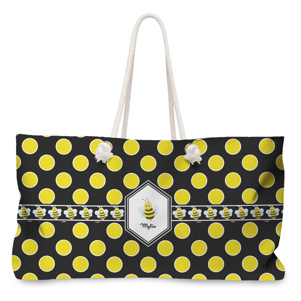 Custom Bee & Polka Dots Large Tote Bag with Rope Handles (Personalized)