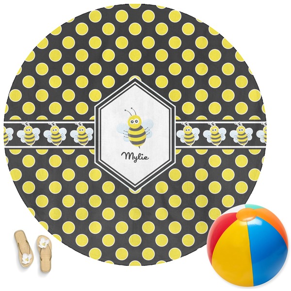 Custom Bee & Polka Dots Round Beach Towel (Personalized)