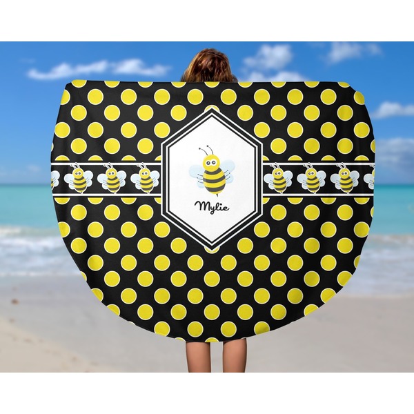 Bee & Polka Dots Round Beach Towel - In Use