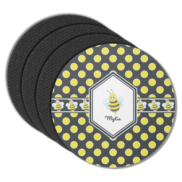 Custom Bee & Polka Dots Round Rubber Backed Coasters - Set of 4 (Personalized)