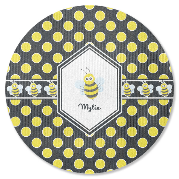 Custom Bee & Polka Dots Round Rubber Backed Coaster (Personalized)