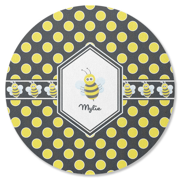 Custom Bee & Polka Dots Round Rubber Backed Coaster (Personalized)