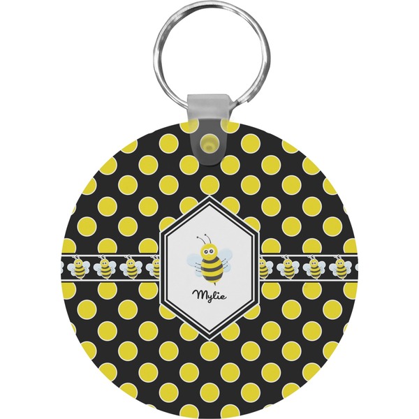 Custom Bee & Polka Dots Round Plastic Keychain (Personalized)