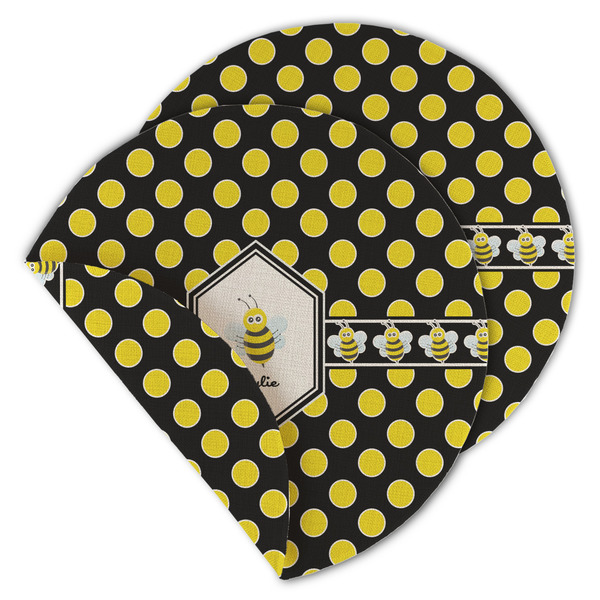 Custom Bee & Polka Dots Round Linen Placemat - Double Sided - Set of 4 (Personalized)
