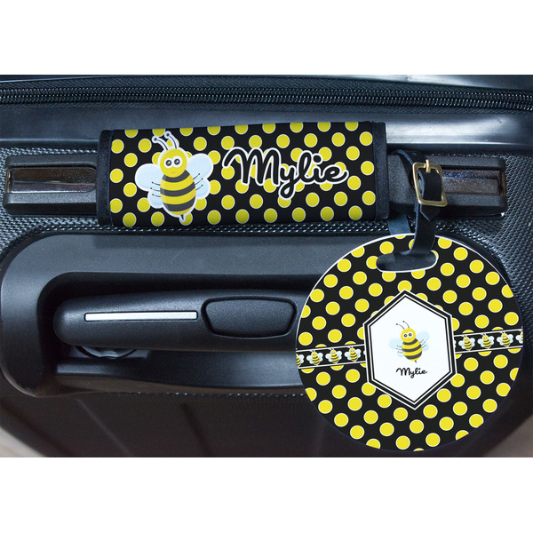 Bee & Polka Dots Round Luggage Tag & Handle Wrap - In Context