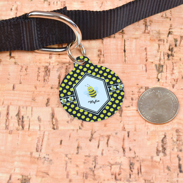 Bee & Polka Dots Round Pet ID Tag - Large - In Context