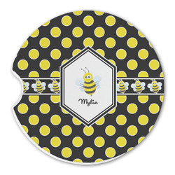 Bee & Polka Dots Sandstone Car Coaster - Single (Personalized)