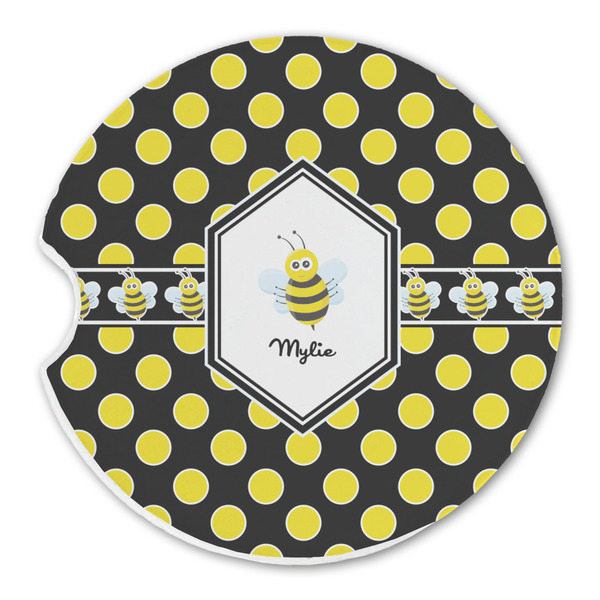 Custom Bee & Polka Dots Sandstone Car Coaster - Single (Personalized)