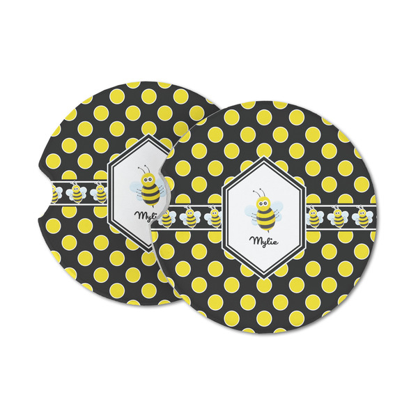 Custom Bee & Polka Dots Sandstone Car Coasters - Set of 2 (Personalized)