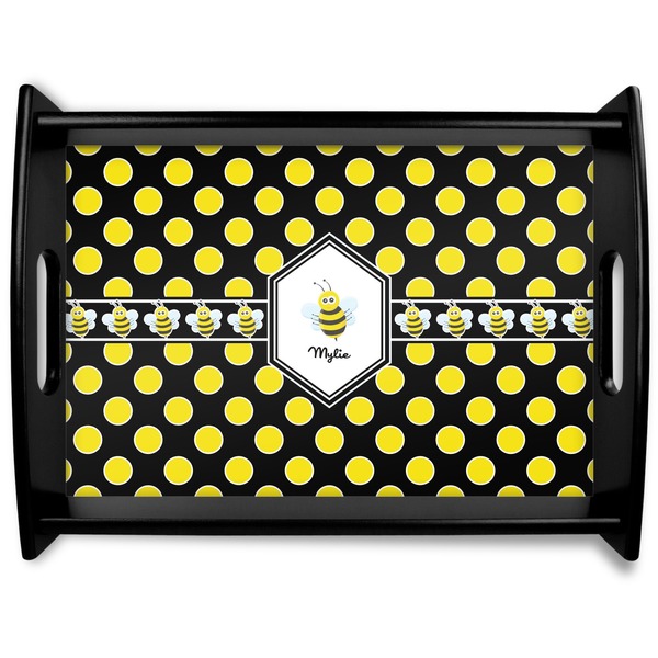 Custom Bee & Polka Dots Black Wooden Tray - Large (Personalized)