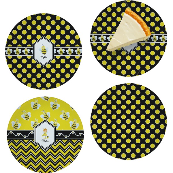 Custom Bee & Polka Dots Set of 4 Glass Appetizer / Dessert Plate 8" (Personalized)