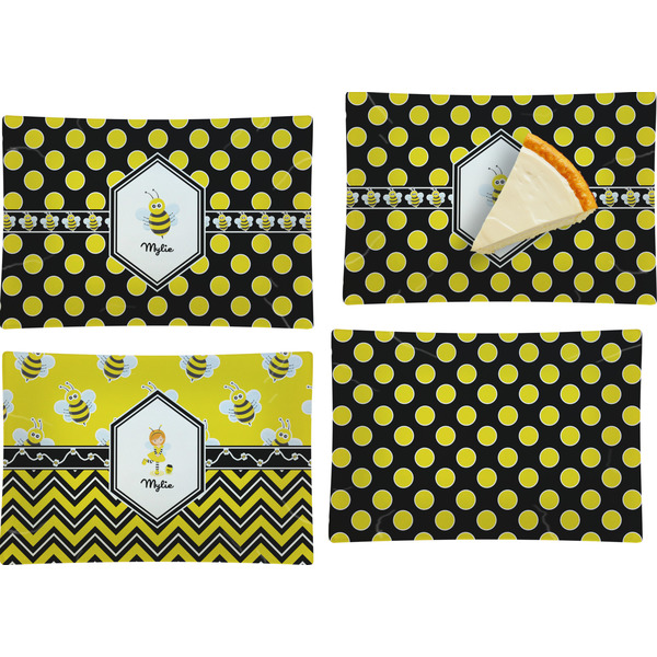 Custom Bee & Polka Dots Set of 4 Glass Rectangular Appetizer / Dessert Plate (Personalized)