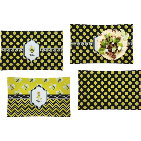 Custom Bee & Polka Dots Set of 4 Glass Rectangular Lunch / Dinner Plate (Personalized)