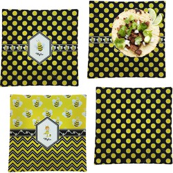 Bee & Polka Dots Set of 4 Glass Square Lunch / Dinner Plate 9.5" (Personalized)