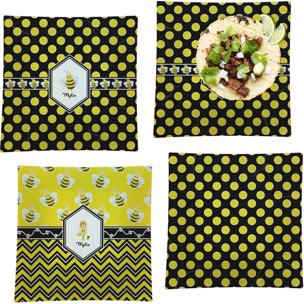 Custom Bee & Polka Dots Set of 4 Glass Square Lunch / Dinner Plate 9.5" (Personalized)